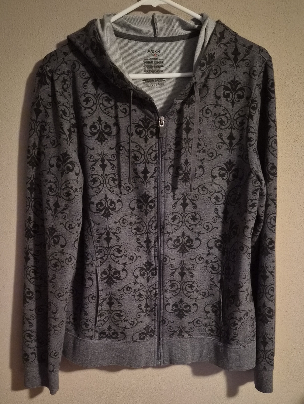 Danskin Gray Zip Front Hoodie with Black Ornate Print